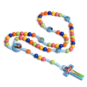 Colorful Round Beads Rosary Necklaces Catholic Cross Pendant for Kid