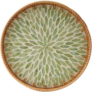 Round Rattan Tray with Mother of  Inlay, Rattan Serving Tray with Wooden Base, Decorative Wicker Basket for Table Decor, Storage and Display of Coffee Bread  Fruit (Leaf)
