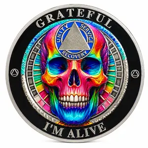 Rainbow Skull Sobriety Coin, Grateful I'm Alive Recovery Medallion with Serenity Prayer, Pocket Gift for Men and Women