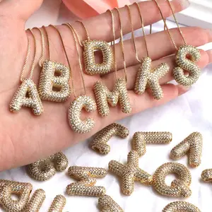 Brass Zircon Bubble Balloon Letter Pendant Necklace