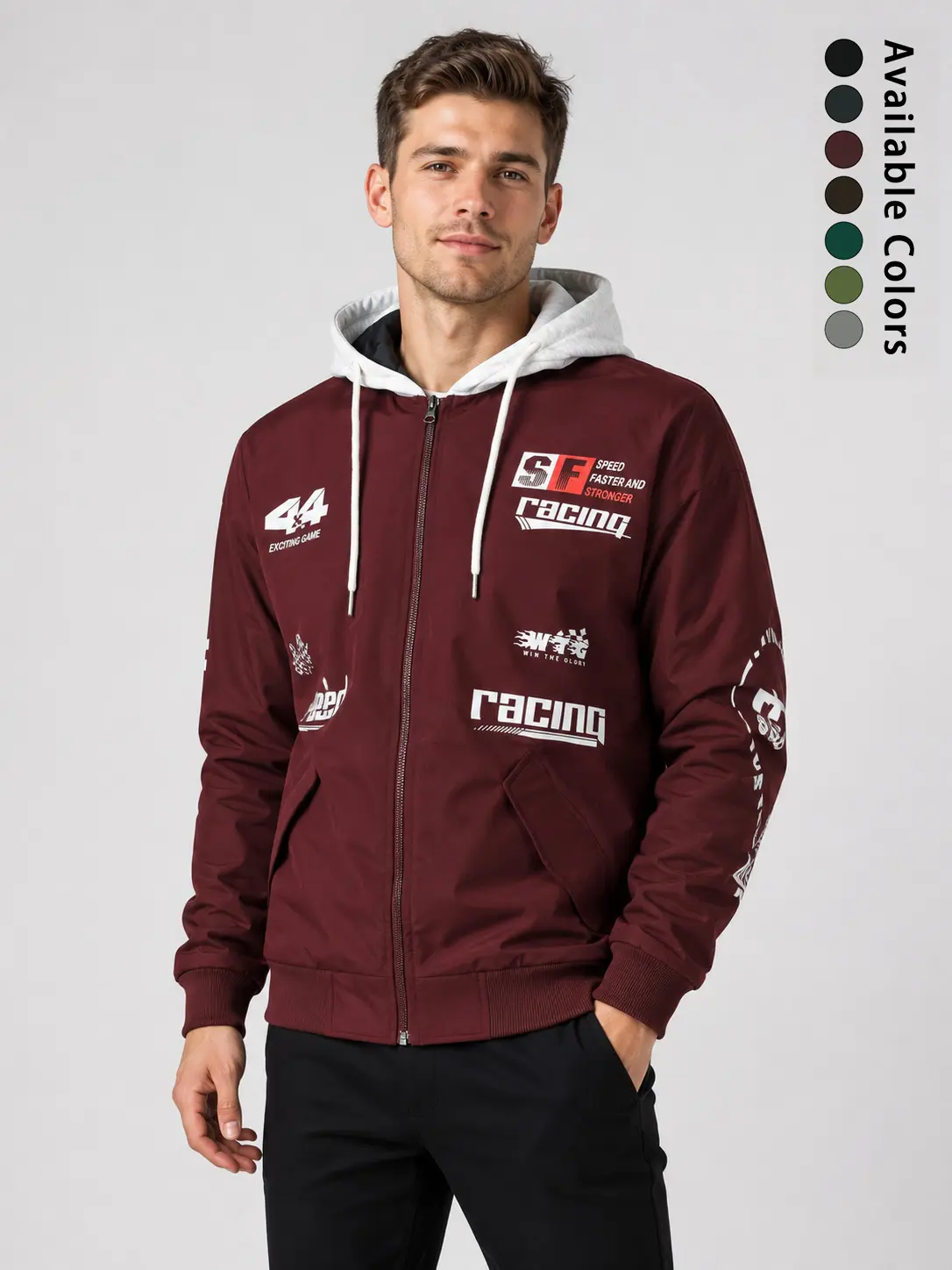 Vintage racing flag letter pattern hooded windproof jacket, full-zip closure, lightweight loose fit men’s street outerwear