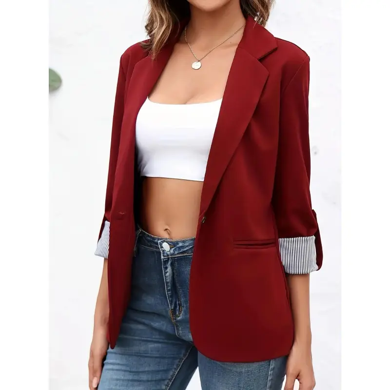 Plus Size Elegant Blazer, Women's Plus Roll Up Sleeve Open Front Lapel Collar Work Office Blazer