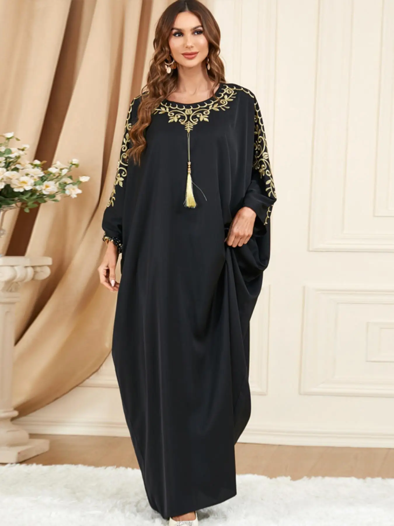 Women's Embroidery Batwing Sleeve Maxi Dress, Elegant Long Sleeve Round Neck Dress for Party Holiday Wedding Guest, Ladies Fall & Winter Clothes, Dres