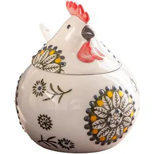 Ceramic Chicken-Shaped Seasoning Jar, Kitchen Condiment Box with Spoon and Lid, Moisture-Proof Household Storage Container (Green)