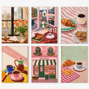 6 Packs Paint by Numbers Kit for Adults,Coffee DIY Acrylic Oil Painting Paint by Numbers Kits on Canvas,Bread Adults Paint by Numbers Kits Drawing Paintwork for Decor 9.8x13.8inch