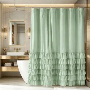 Farmhouse style shower curtain set with ruffles, simple rural design, 72 x 72 inches, includes 12 hooks for easy installation, ideal for rustic style decor.