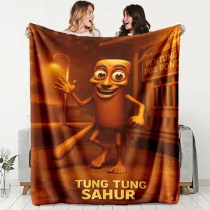 Cartoon Character Tung Tung Sahur Flannel Blanket, Soft Warm Polyester Fiber Throw, Cozy Throw Blanket, Ideal Gift for All Seasons