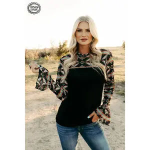 Women's PLUS Go The Distance Top with Black Bottom and Aztec Mesh Top, Fall Long Sleeve Shirt made of Modal and Spandex