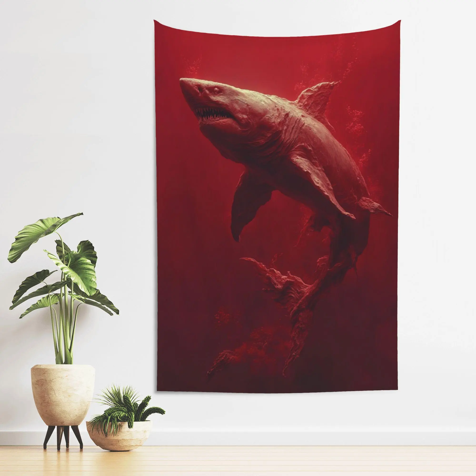Dark Red Ocean Giant Shark Horror Art Tapestry