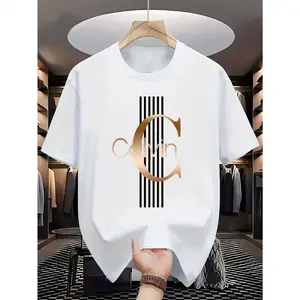 Men's Casual T-Shirt - Bold Letter Print, Black Stripes and Gold Accents, Breathable Round Neck Summer Streetwear, Machine Washable, Comfortable Everyday Fashion T-Shirt, Daily T-Shirt |   Bold font printing |   Comfortable fit, cotton T-shirt