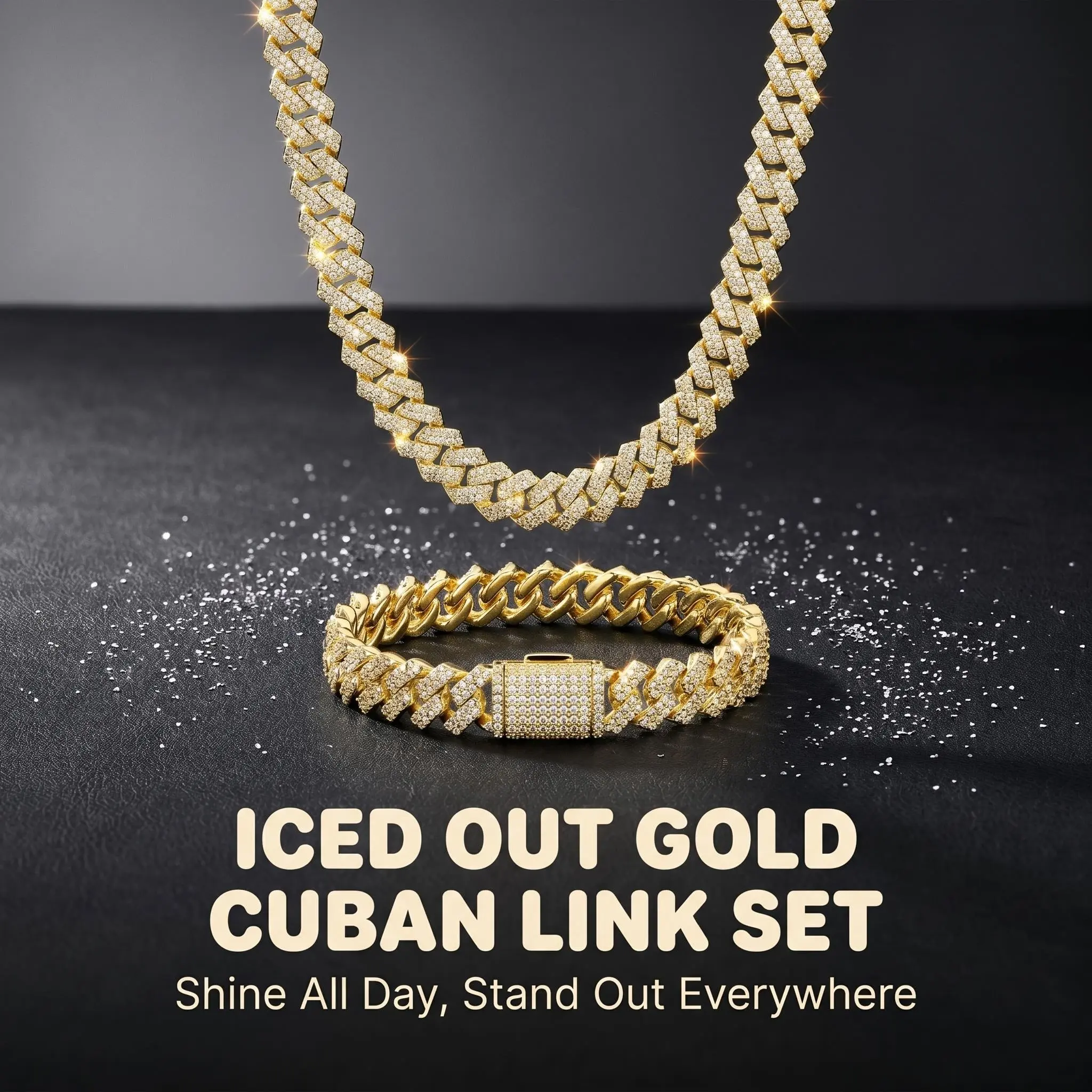 14K Gold Plated Iced Out Cuban Link Chain - 8MM Wide, Waterproof, Tarnish Resistant, Hypoallergenic Jewelry with Secure Clasp + Free Gift Box for Men & Women