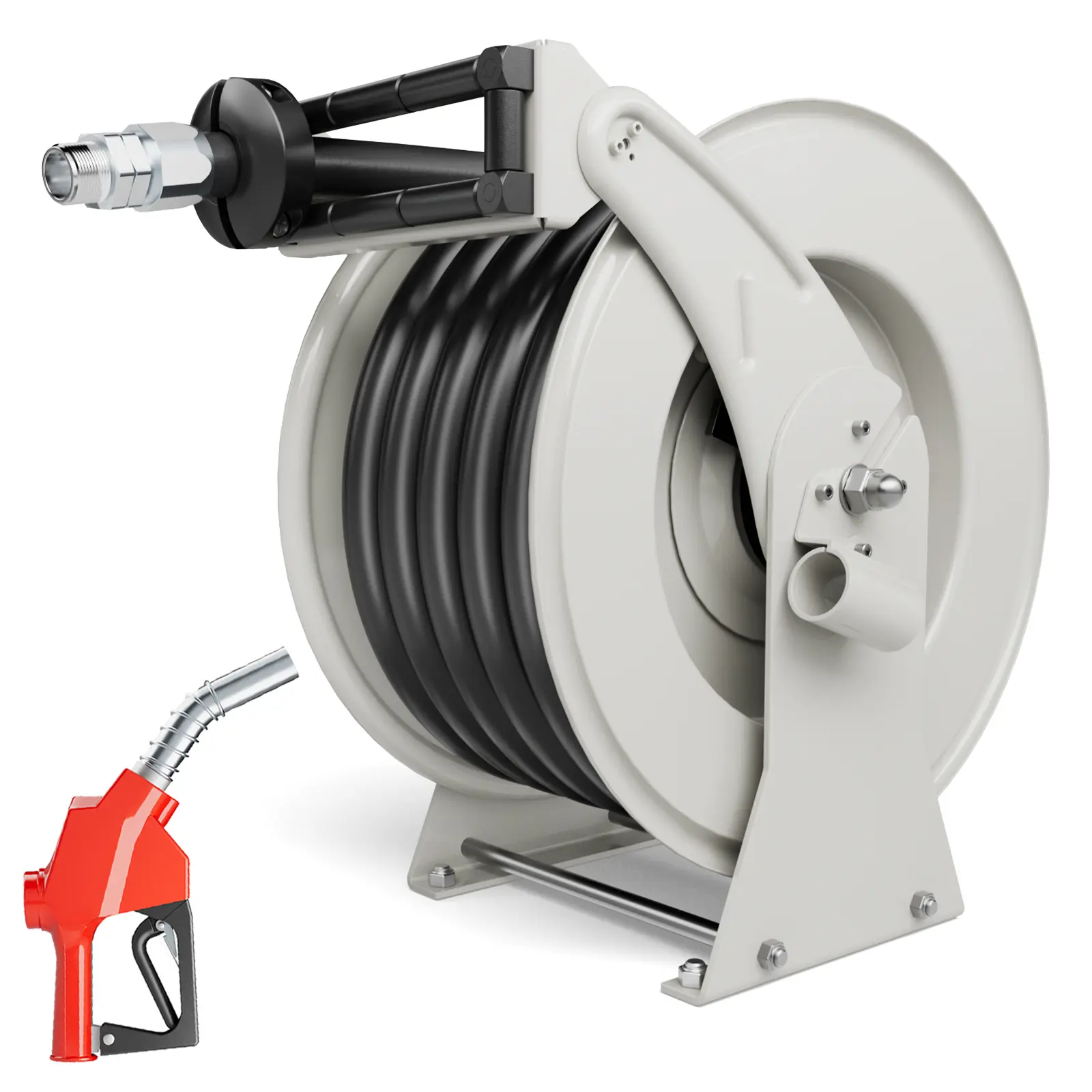 BreAro 1 Inch Fuel Hose Reel, 1"X33' Retractable Ratchet Spring Driven Diesel Hose Reel, 360 Rotating Fuel Hose Swivel, AUTO Fuel Nozzle, Barb Fitting, 300 PSI, 1" NPT Inlet & Outlet