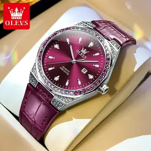 OLEVS 5606 Women's Watch with Diamond Lap Design Fashion Leather Strap 3M Waterproof Luminous Auto Date Function Luxury Quartz Wristwatch for Everyday Wear