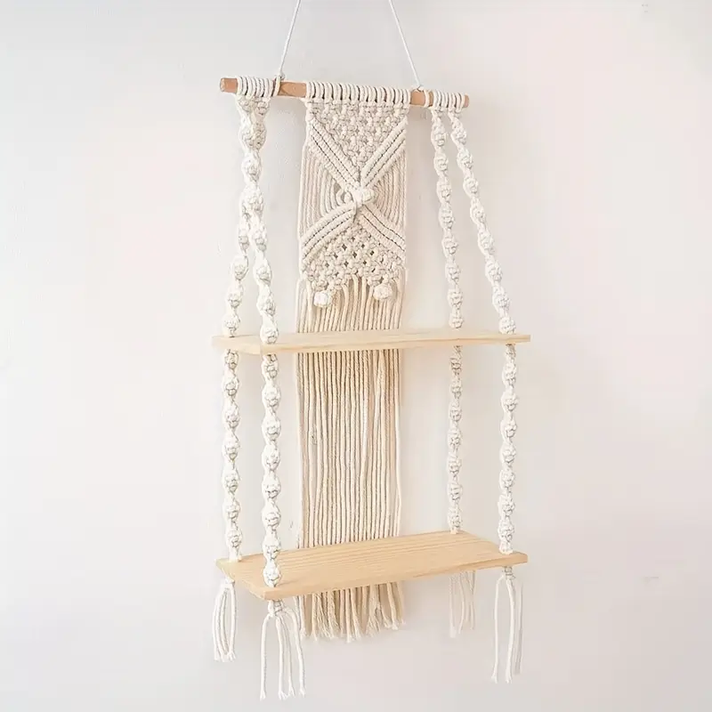 Macrame Wall Hanging Shelf 2 Tier Handmade Boho Hanging Wall Shelf Floating Woven Rope Decorative Storage Racks Holder Organizer for Home Bedroom Bathroom Plants, Beige