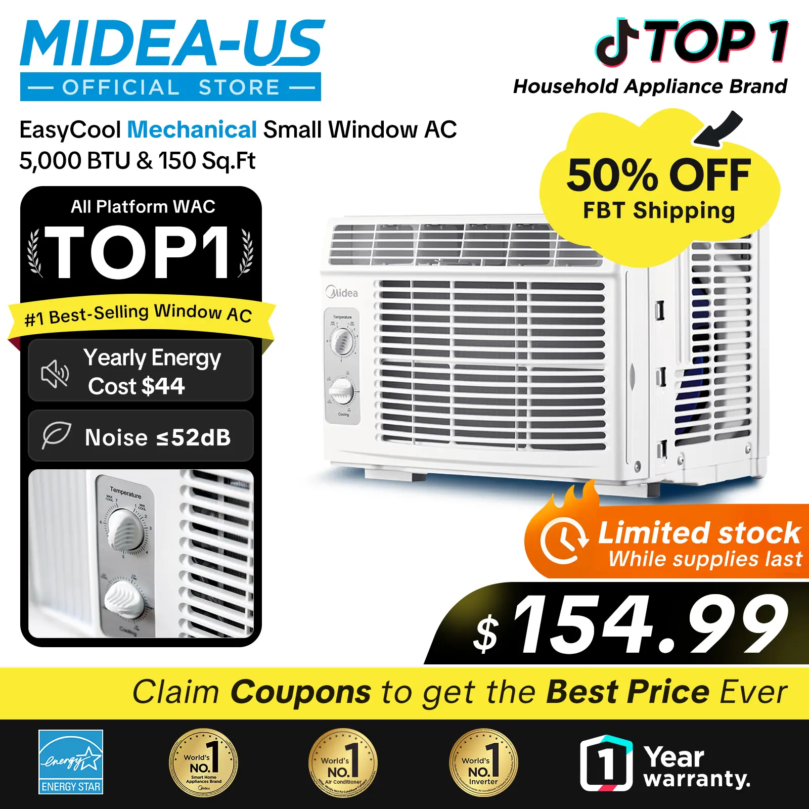 Midea 5,000 BTU EasyCool Mechanical Small Window Air Conditioner - Cool up to 150 Sq. Ft. AC with Easy-to-Use Mechanical Controls and Reusable Filter, Perfect for Small Bedroom, Living Room, Home Office