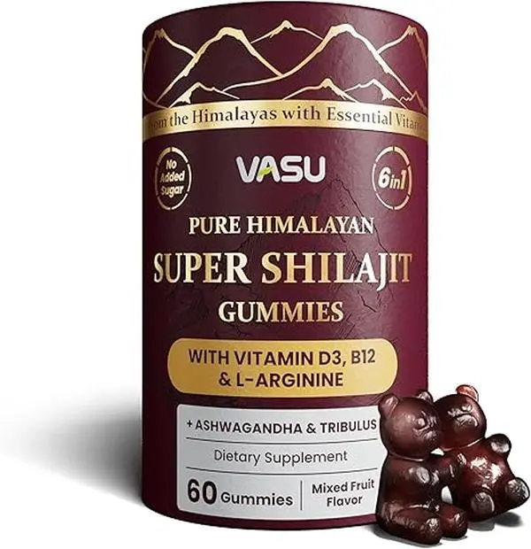 Vasu 6 in 1 Pure Himalayan Gold Shilajit Gummies for Men & Women with Vitamin D3 & B12, L-Arginine, Ashwagandha & Tribulus - Sugar Free Shilajit Resin - 60 Counts for Energy Support - Lab Tested