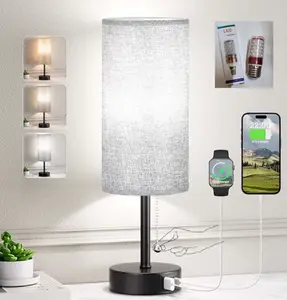 Grey Bedside Lamps for Bedroom -  3 Color Temperatures Pull Chain Night Stand Light with USB C and A Ports, Small Lamps for Nightstand with AC Outlet, Base Round Flaxen Shade for Desk, Office, Dorm Dimmable Modern Lighting