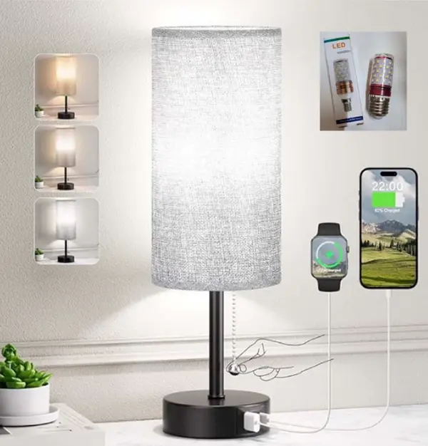 Small Grey LED Table Lamp - Dimmable Modern Indoor Lighting, 3 Adjustable Color Temperatures, Pull Chain Brightness Control, 5V/2.1A USB-C/A Ports, AC Outlet, Round Flaxen Bases & Shades, Bedside Charger Lamps for Bedroom Desk