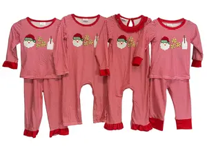 Matching Family Christmas Pajamas - Embroidered Santa Claus & Cookie Milk - Red Striped Long Sleeve Set