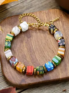 Vintage Geometric Colorful Square Beaded Stainless Steel Bracelet, Stackable Bracelet, Unique Design Women's Daily Party Versatile Gift Jewelry, Trendy Jewelry, Trendy Bangles