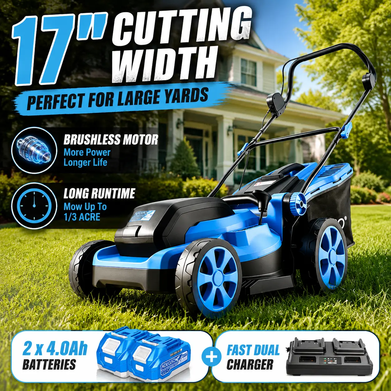 21V Brushless Cordless Lawn Mower, 17-in Battery-Powered Push Walk-Behind Tool with 2x 4.0Ah Batteries & Charger, 2-in-1 Mulching, 6-Position Height Adjustment for Small Lawns