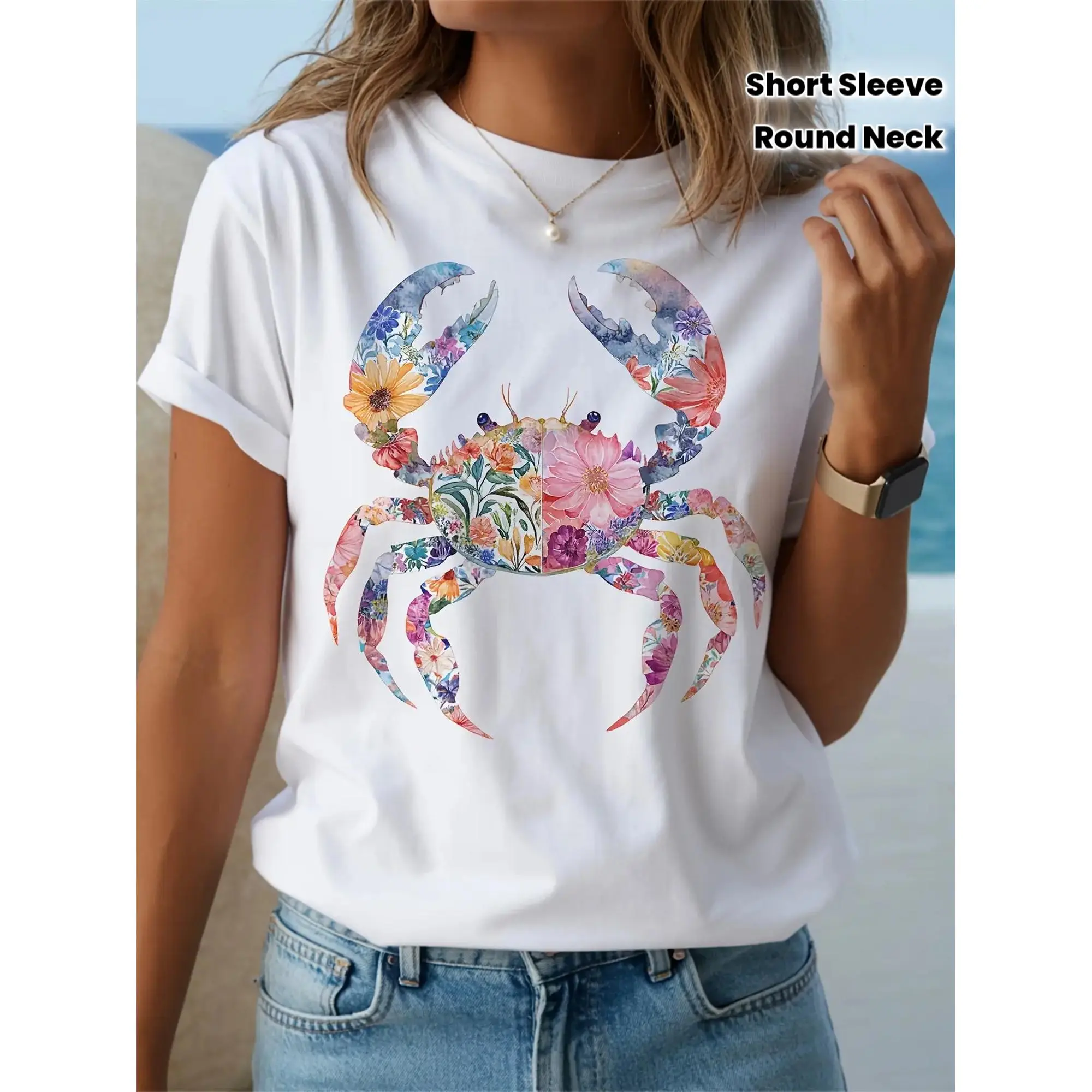 Women's Crab Graphic T-Shirt, Casual Short Sleeve Round Neck Streetwear Top for Summer Wear and Gifting, Shortsleeve
