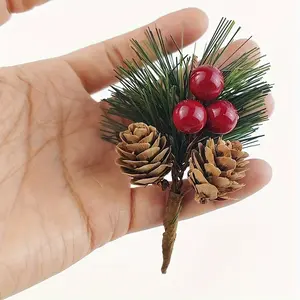 24 Pieces Red Berry Stems Artificial Pine Branches - Tree, Wreath, and Holiday Decoration Handicrafts with Imitation Pine Cone