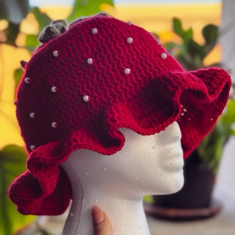 Strawberry Crochet Bucket Hat with Pearls - Handmade Kawaii Cottagecore Hat
