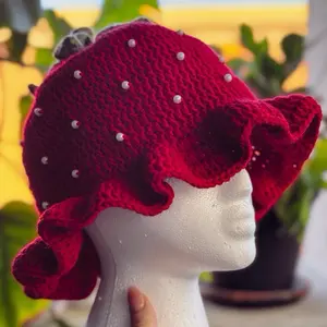 Strawberry Crochet Bucket Hat with Pearls - Handmade Kawaii Cottagecore Hat