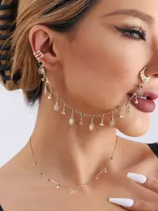Women's Elegant Nose Ring & Necklace Set, Trendy Jewelry Set, Fashionable Layered Tassel Nose Ring Chain & Personalized Creative Accessories Pendant Clavicle Chain, Suitable for Party Clothing Decor