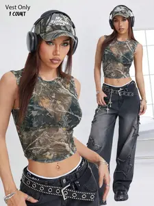 Women's Tree Branch Print Crop Tank Top, Fashion Casual Camo Print Sleeveless Top for Daily Outdoor Wear, Ladies Clothes for Summer