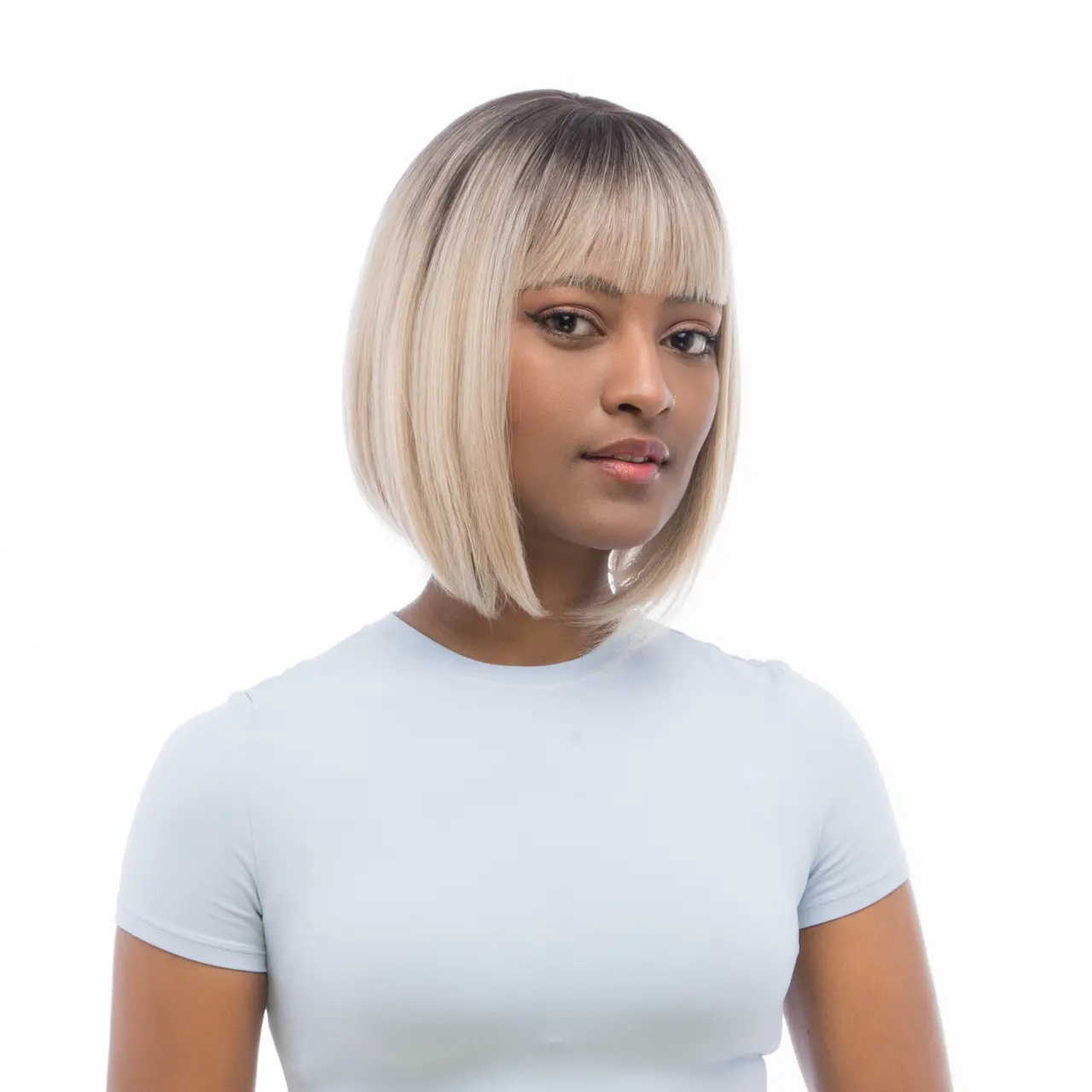 10-Inch Warm Platinum Blonde Blend Ōmbre (Black Roots) Straight Bob Synthetic Wig | 【Heat Resistant】【Cap Included】 | 51FSGB