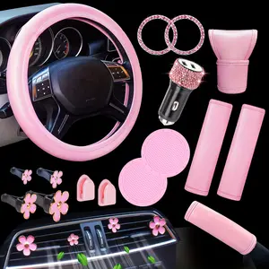 NBTEPEM 16 Pcs Pink Car Accessories Set Women, PU Leather Steering Wheel Cover Universal Fit 15 Inch, Dual USB Fast Charger, Seat Belt Covers, Flower Vent Clips
