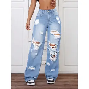 Fashionable Wide Leg Distressed Washed Jeans