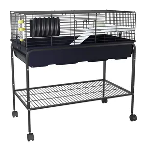 Small Animal Cage with Detachable Stand, Rolling Metal Rabbit Cage with Food Dish, Water Bottle, Hay Feeder, Platform & Ramp, Perfect for Guinea Pig, Hedgehog, Chinchilla, Ferret