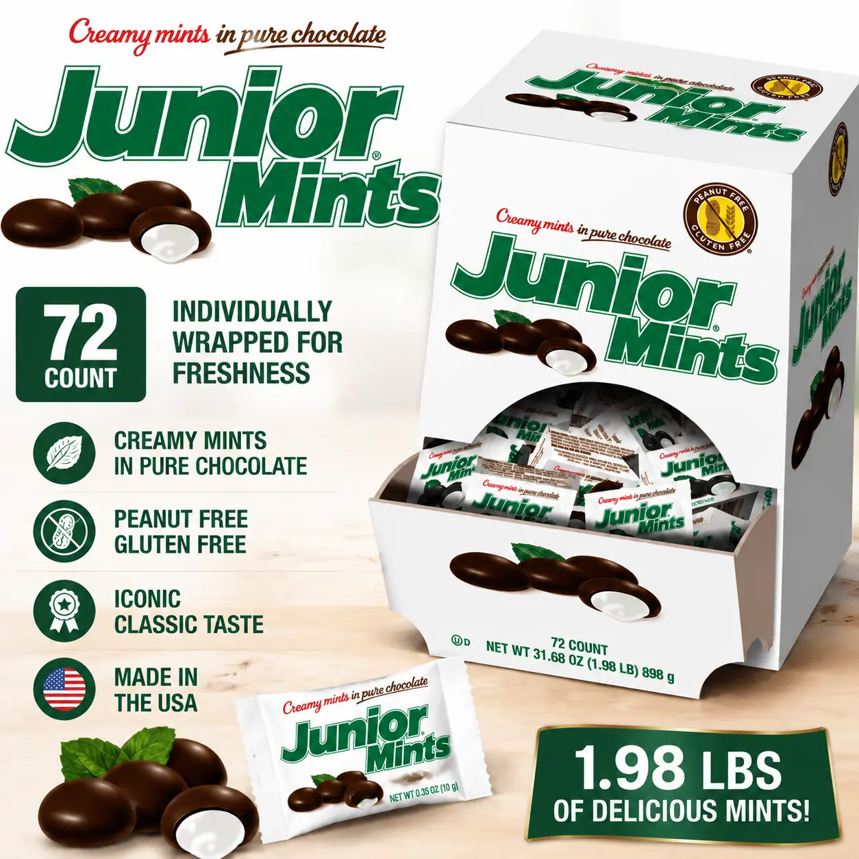 Junior Mints Chocolate Covered Peppermint Candy 72 Count Changemaker Box 1.98 lb  Classic Mint Candy | Bulk Theater Treats