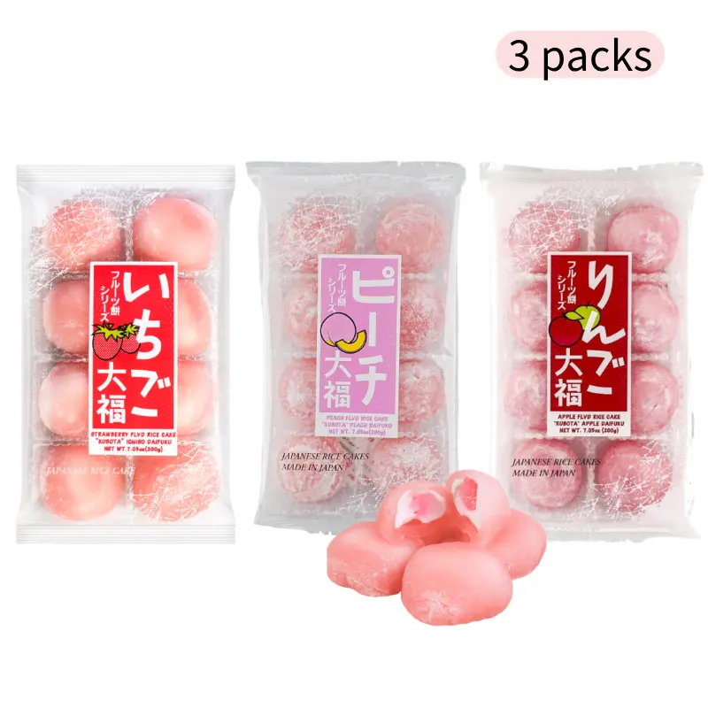 KUBOTA Japanese Mochi Daifuku - Peach Flavor (200g), Straberry Flavor (200g), Apple Flavor (200g) - 3-Flavor Bundle Pack - Soft Rice Cake Dessert Snacks KUBOTA Japanese Mochi Daifuku - Peach Flavor (200g), Straberry Flavor (200g), Apple Flavor (200g) - 3-Flavor Bundle Pack - Soft Rice Cake Dessert Snacks
