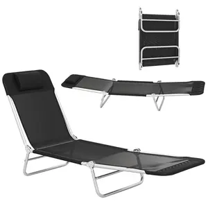 Folding Chaise Lounge Chair – Black, 5-Position Reclining Back. Breathable Mesh Seat – Quick Drying. Includes Pillow. Lightweight & Foldable. 264 lb Capacity