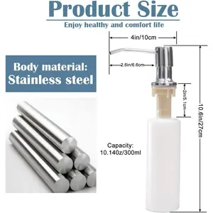 Built-in Design Top Refill Chrome Soap Dispenser for Kitchen Sink, Stainless Steel Soap Pump with 10 fl.oz (300ml) Bottle