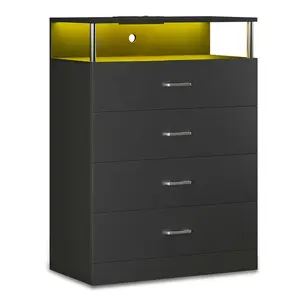 Tall Dresser with LED Lights 4 Storage Drawers Black