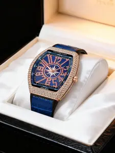 1PC Men's Fashion Wine Barrel Shape Watch, Sparkling Starry Sky Design, Arabic Numerals Dial, Luxury Rhinestone Frame, Vintage Quartz Watch
