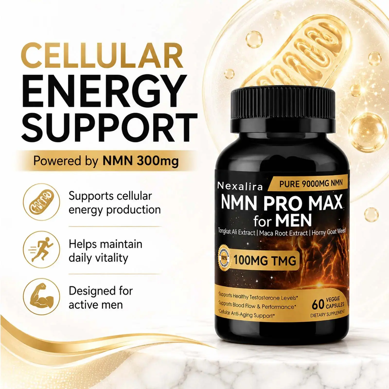 Nexalira NMN Pro Max for Men - 100mg TMG, 300mg NMN, 60 Veggie Capsules, Energy Metabolism & Antioxidant Support, Prop 65 Safe