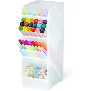 Pen Holder, Pencil Holder for Desk, Pen Organizer for Office, School, Desktop, Large Capacity Pen Storage Organizer with 5 Compartment for Pens, Markers, Makeup Brush,  (Clear, 1 Pack)