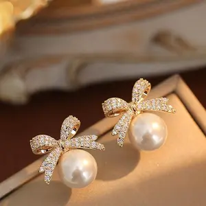 Sparkling Rhinestone Bow Pearl Stud Earrings Light Luxury Fashion Jewelry Women Gifts Wedding Birthday