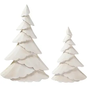 Wooden Christmas Tree Figurine Set of 2, White Tree Figurines, Decorative Trees for Tabletop, Distressed Decoration Trees for Desk, Mantel, Entryway, Winter, Holiday Centerpieces