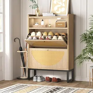 Vabches Shoe Storage Cabinet, Rattan Shoe Cabinet with 2 Flip Drawers & Sensor Light for Entryway, Narrow Free Standing Shoe Racks for Entryway, Hallway