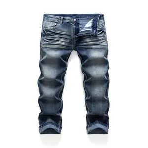 Men’s European & American fashion straight-leg blue jeans with a distressed finish