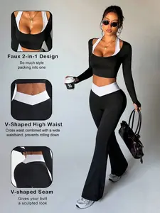 DORRIS Women's Sports Yoga Outdoor Gym Workout Set, 2 In 1 Contrast Color Long Sleeve Tight T-Shirt, Contrast Color V-Waist Tight Flare Pants Workout Two Piece Set
