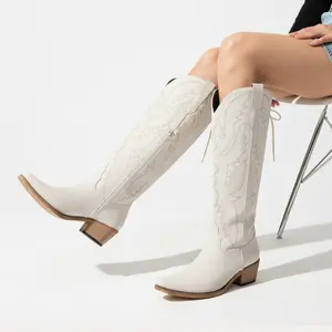 REDTOP Women's Knee High Cowboy Cowgirl Boots with Flame-Shaped Embroidery Snip Toe Adjustable Back Tie Side Zipper Chunky Heel Design Women's Shoes #TikTokShopBlackFriday #TikTokShopCyberMonday