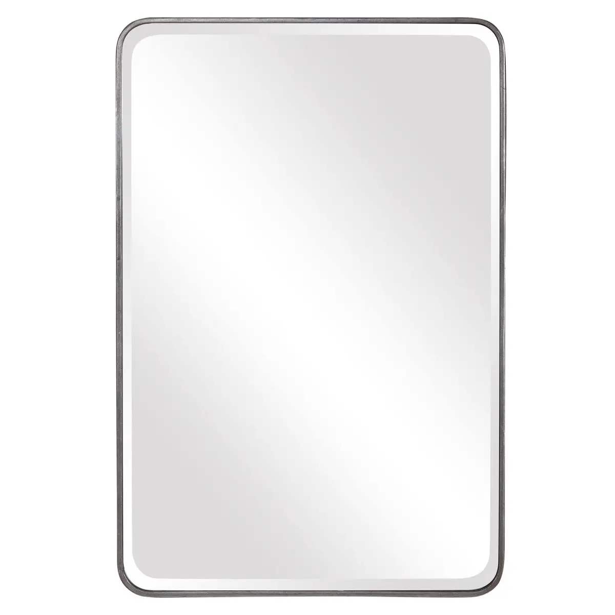 Aramis Silver Rectangle Glass Mirror - 24x36 in Iron Frame, 1-1/4 in Bevel, Graceful Curved Corners, Horizontal-Vertical Hanging, Lightly Distressed Silver Leaf Finish for Home Decor, Room Decor, Beveled Edge, Iron & Glass